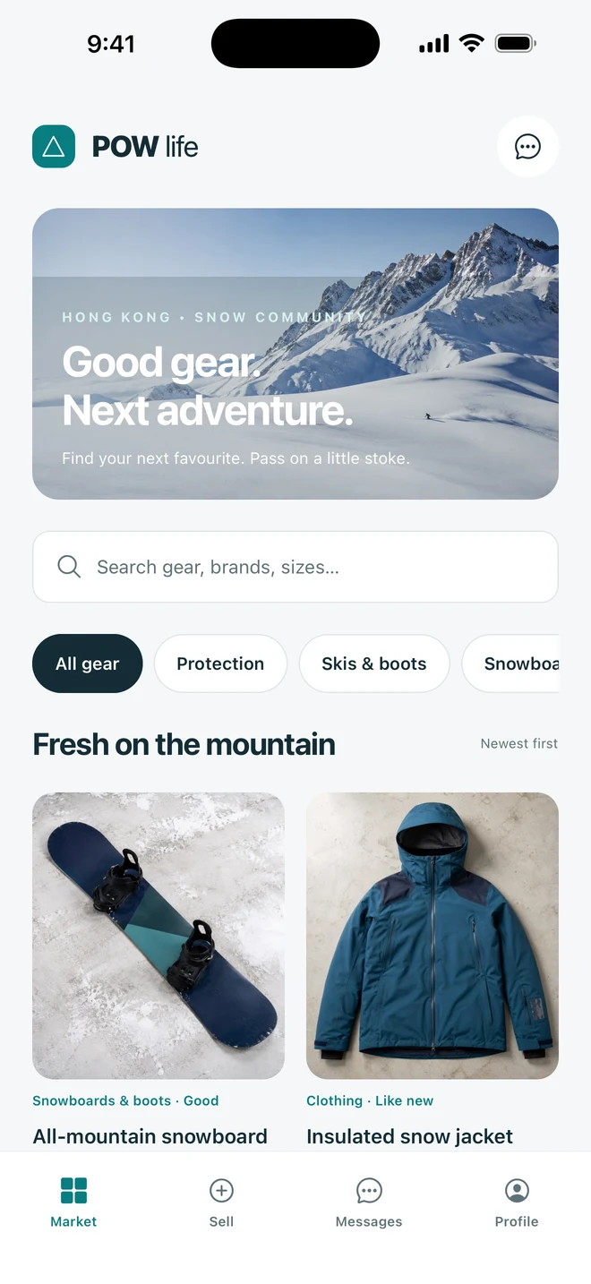 POW Life market with search, categories and illustrative gear listings