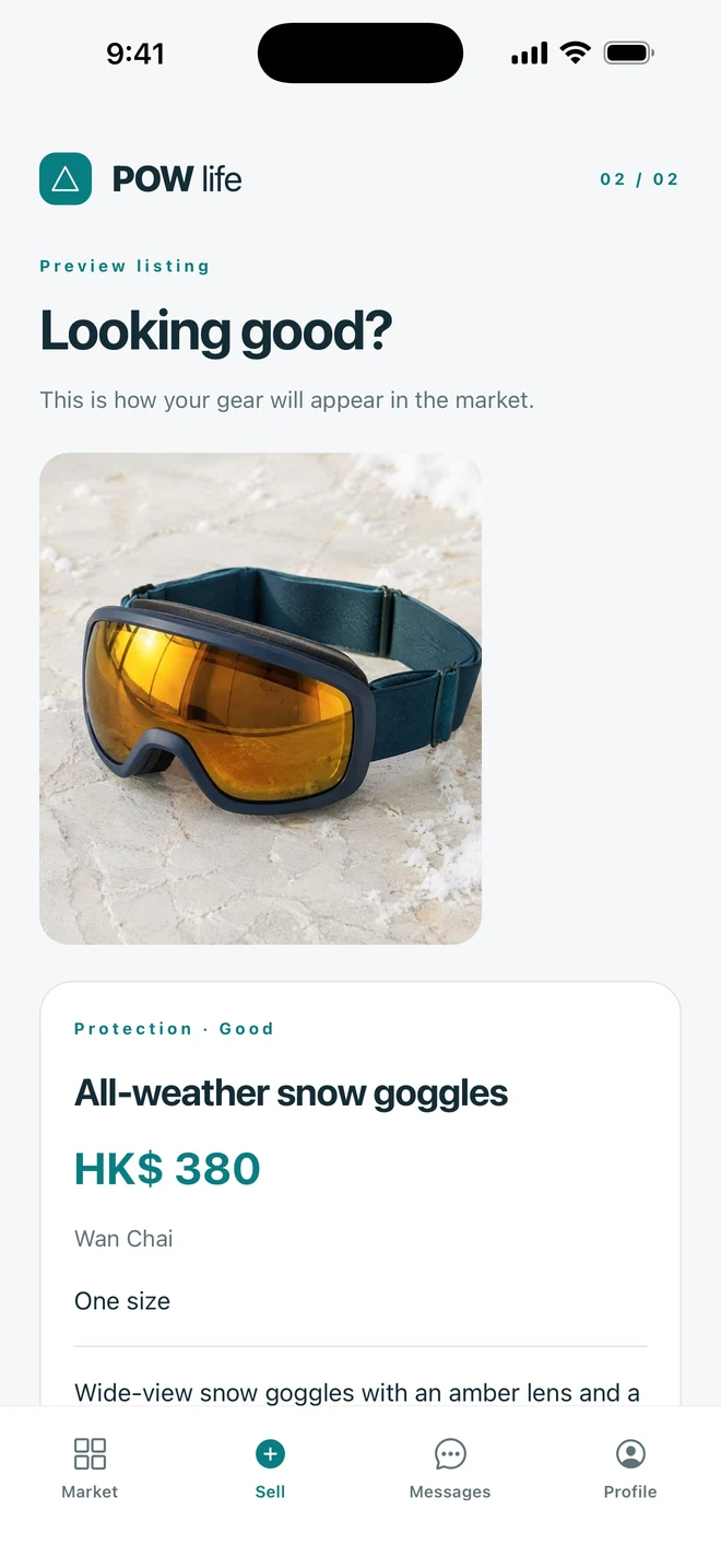 POW Life listing preview for an illustrative pair of goggles