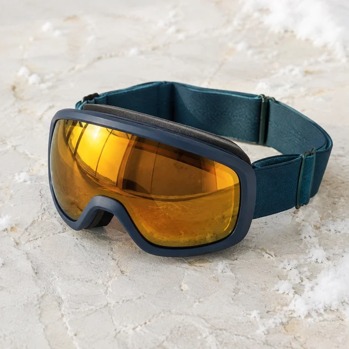 Snow goggles with a dark frame and amber lens