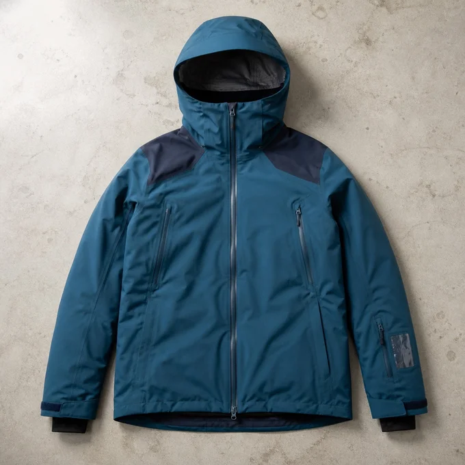 A teal snow jacket laid flat
